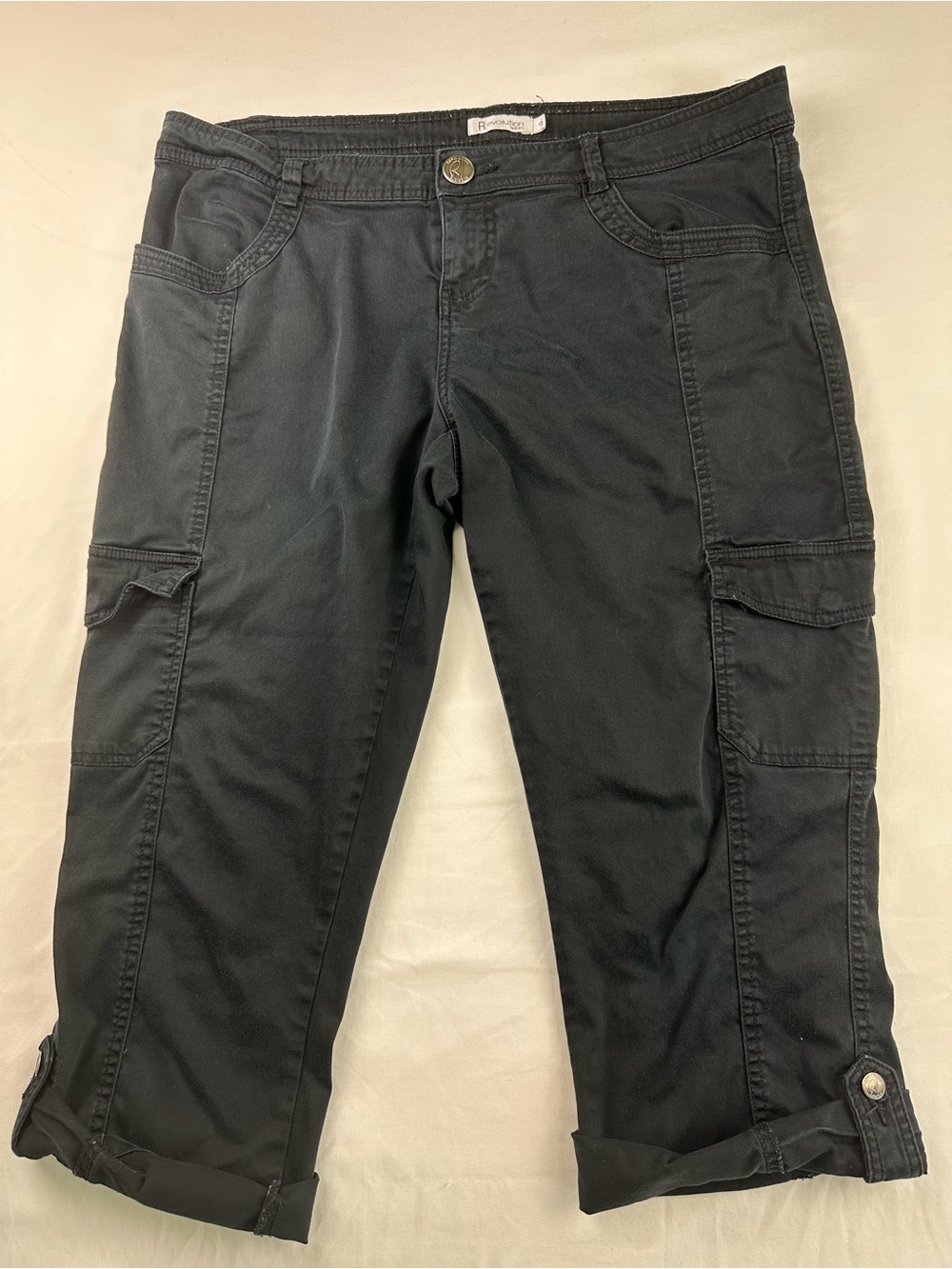 Y2K Black Cargo Capri Pants Cropped Low Mid Rise Utility Summer Gorpcore Sz 12
